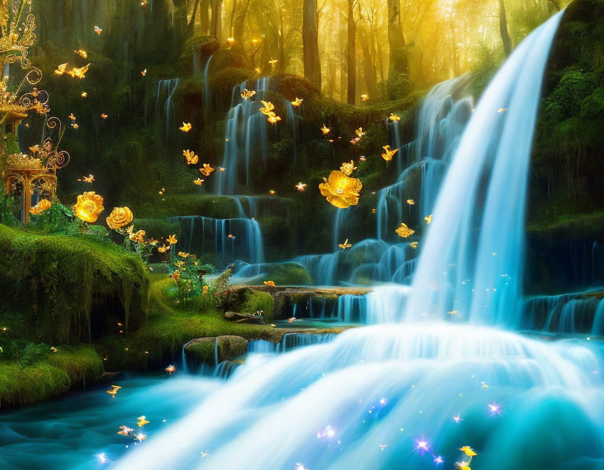 Vibrant blue waterfall in enchanted forest with golden butterflies and glowing roses