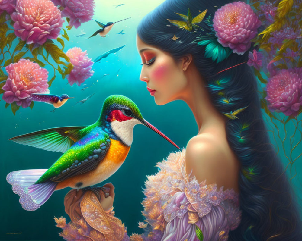 Surreal illustration: Woman with flowers holding hummingbird in magical flora setting