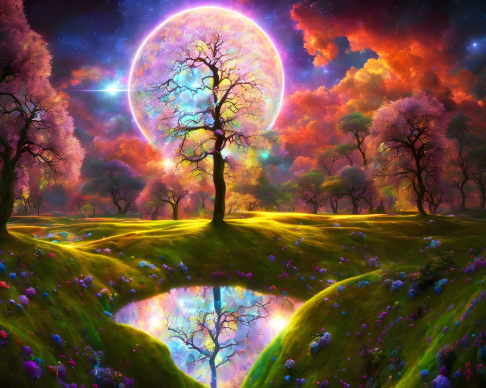 Colorful fantasy landscape with glowing tree and celestial reflection in pond