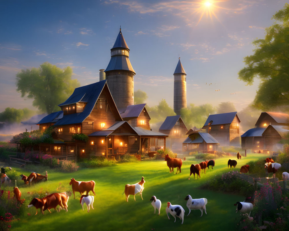 Rural Sunrise Scene: Farm Animals, Houses, Towers, Fields, Mist