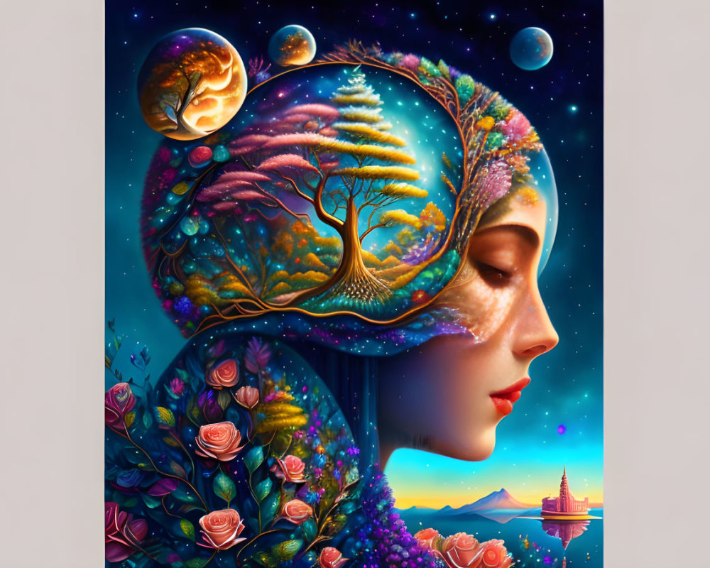 Surreal portrait of woman with cosmos-themed headpiece and blooming flowers