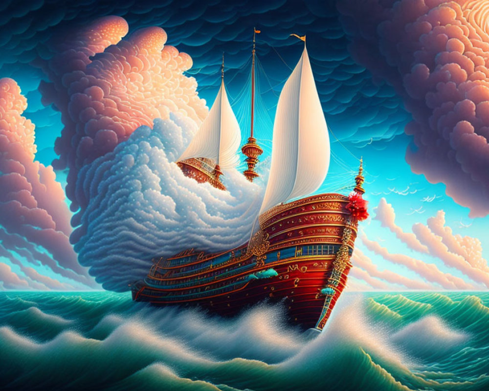 Fantastical ship with billowing sails in pink and blue sky
