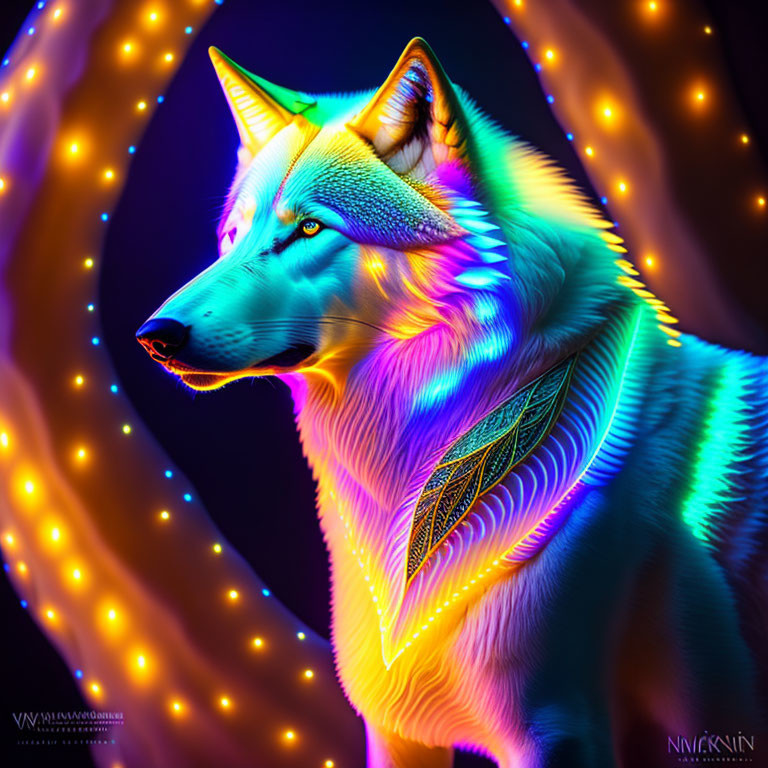 Colorful Dog Portrait with Neon Outlines on Swirling Light Background