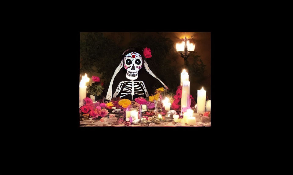 Vibrant Day of the Dead altar with skeleton, candles, flowers, and decorations