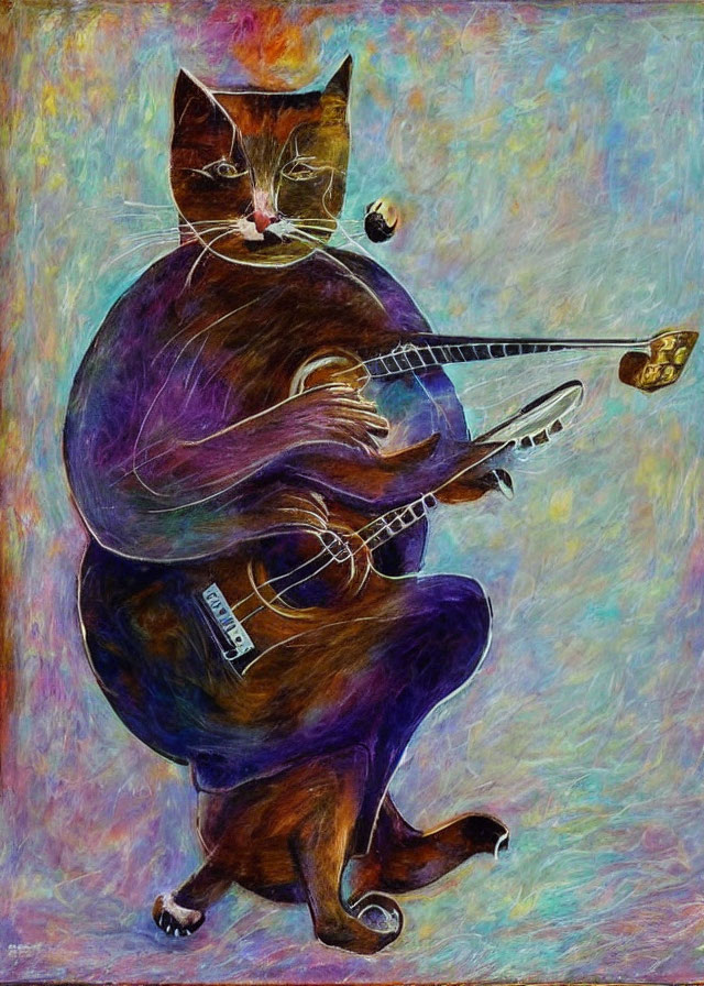 Whimsical brown and white cat playing upright bass in stylized painting