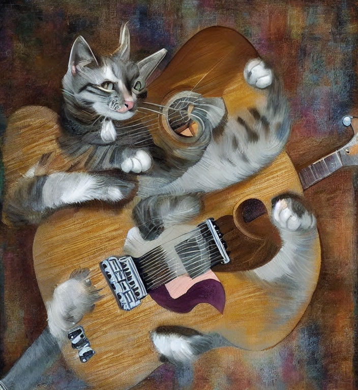 Whimsical painting of two cats with guitars on textured backdrop