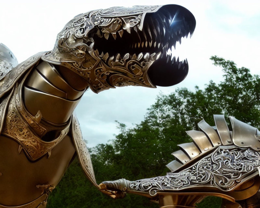 Metallic Dragon Sculpture with Intricate Designs Against Cloudy Sky