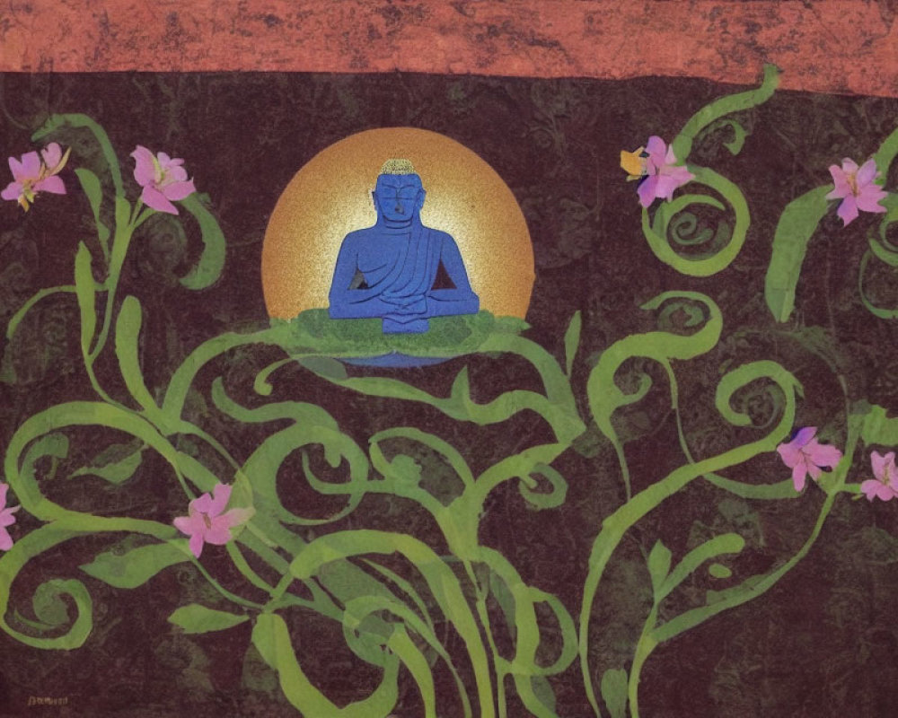 Blue Buddha Statue Meditating Under Golden Moon in Nature