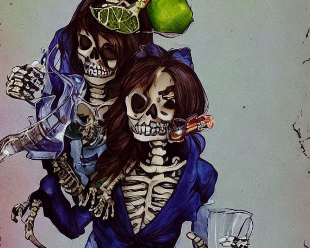 Three playful skeletons balancing limes and drinking in blue attire