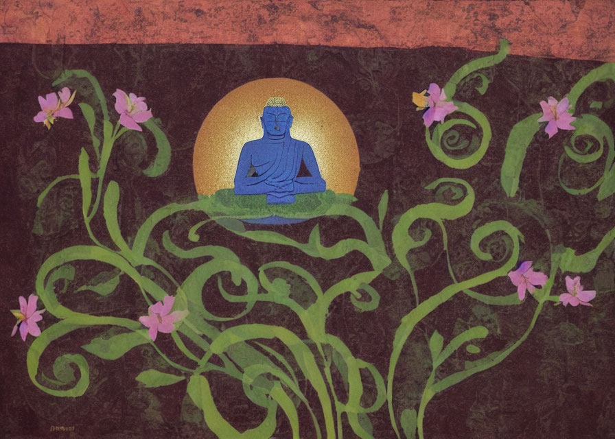 Blue Buddha Statue Meditating Under Golden Moon in Nature