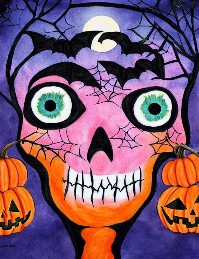 Whimsical Halloween illustration with pink skull, green eyes, spider webs, crescent moon, and
