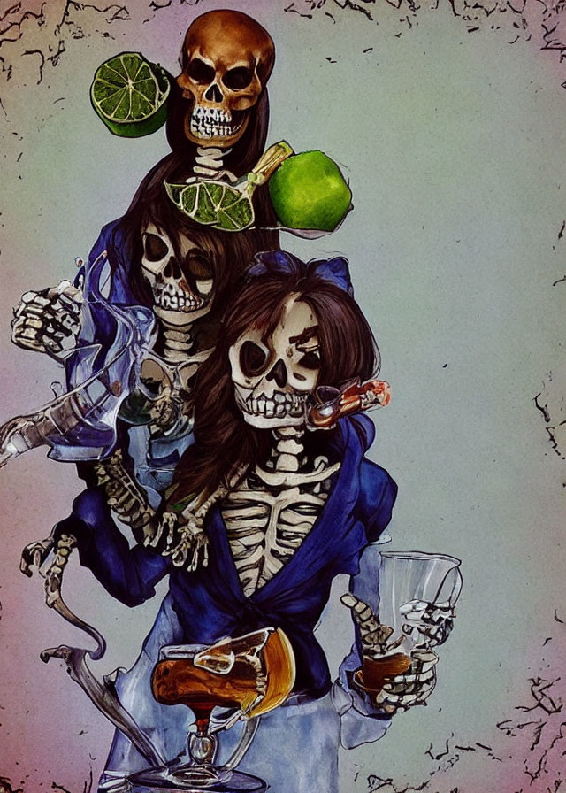 Three playful skeletons balancing limes and drinking in blue attire