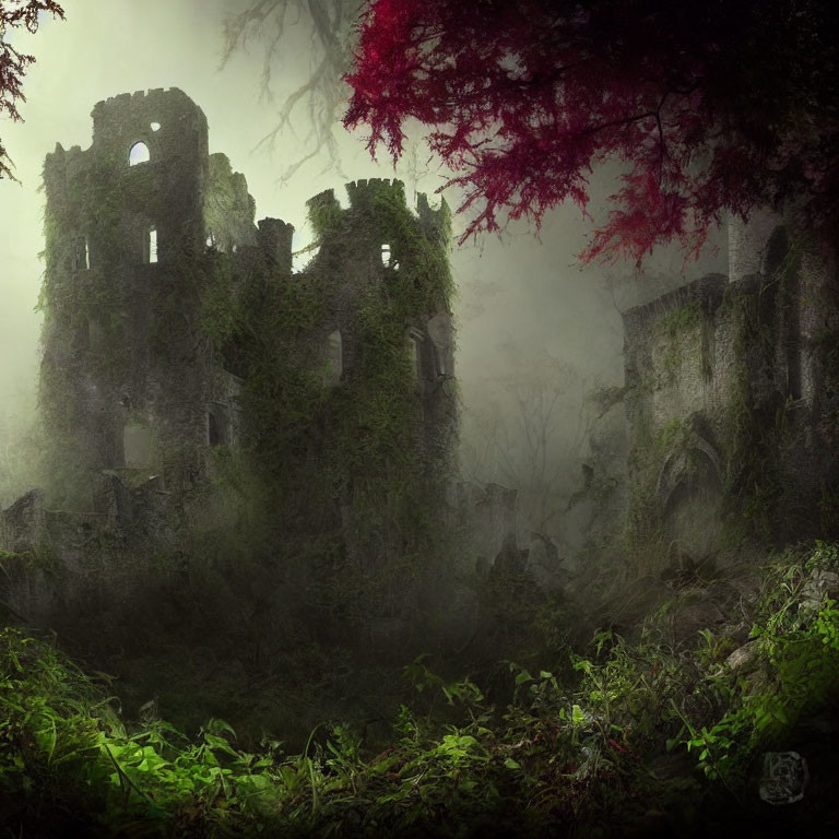 Ivy-covered castle ruins with mist and red-leafed tree