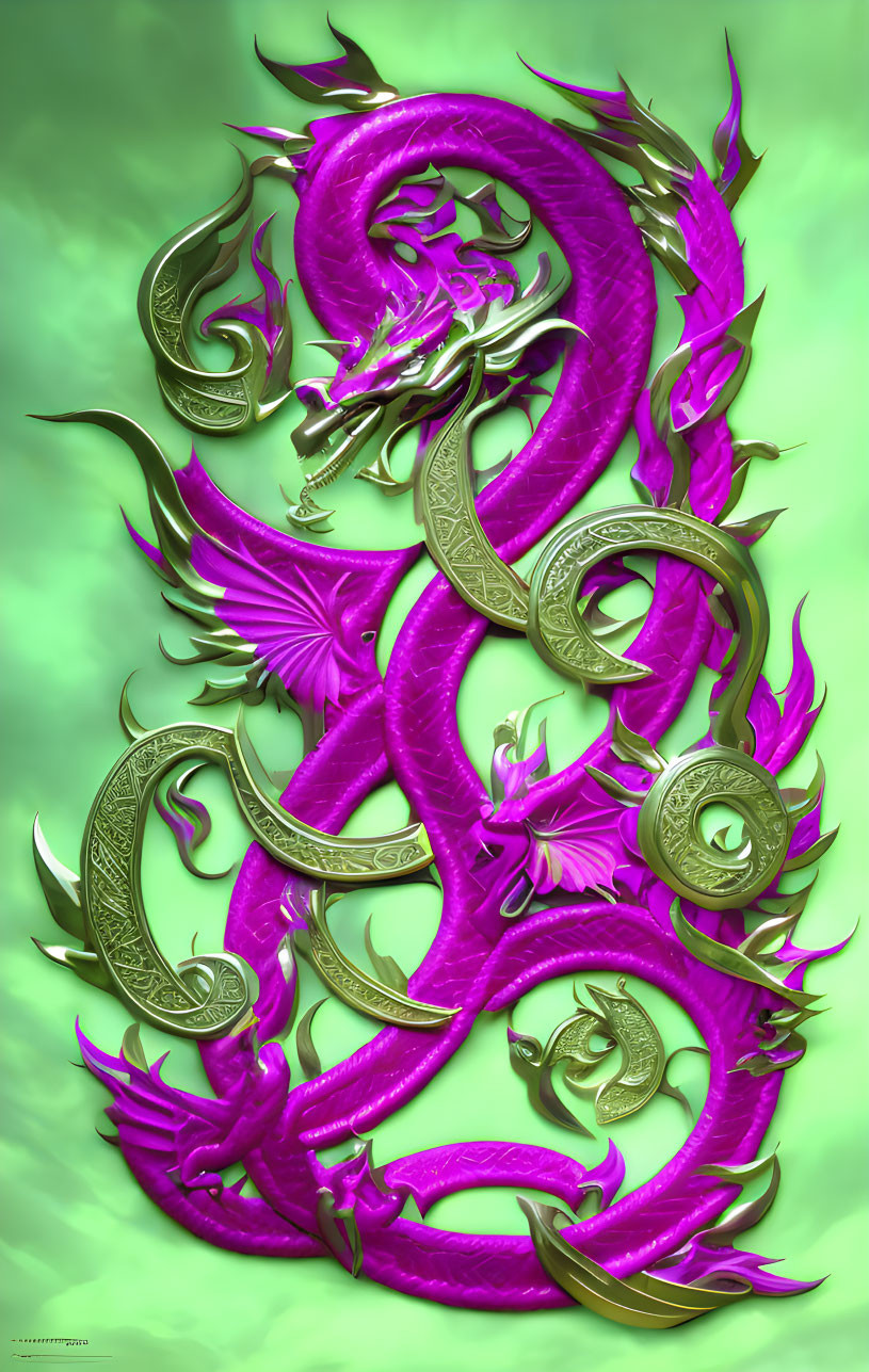 Colorful Pink and Gold Dragon Artwork on Green Background