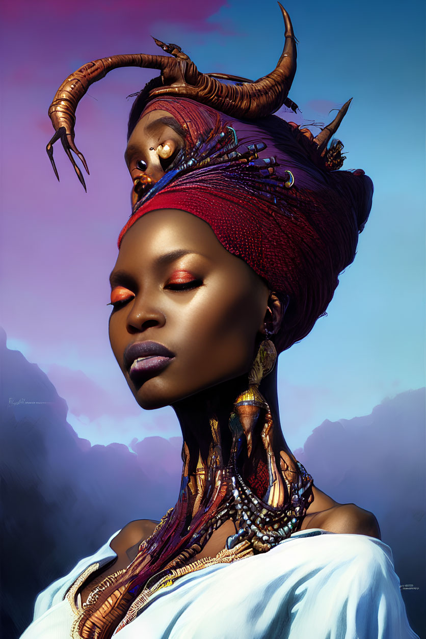 Vivid portrait of woman with ornate headwrap and jewelry against purple sky