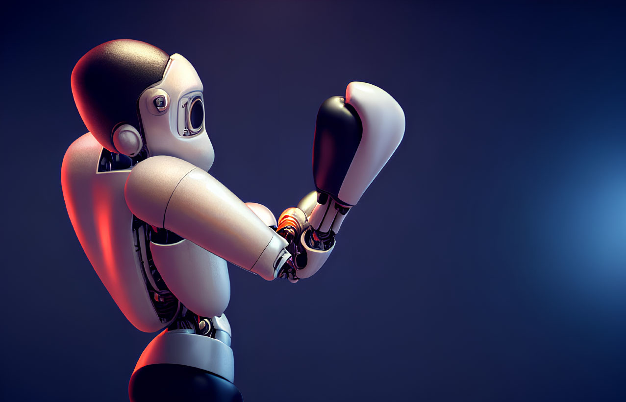 Sleek white and black human-like robot examining hand on dark background