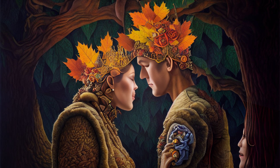 Intimate Autumn Scene: Two People with Leaf Crowns in Detailed Foliage Setting