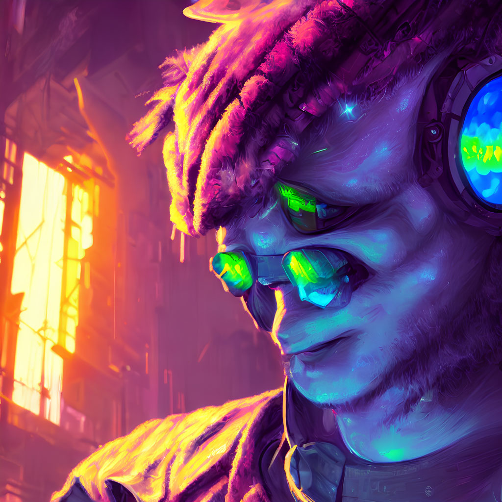 Purple-furred cybernetic creature in neon-lit setting with green glasses and headphones