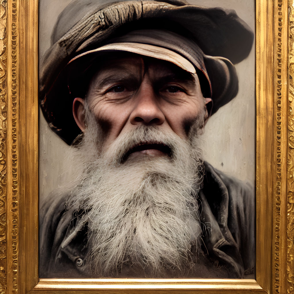 Elderly Bearded Man in Cap in Ornate Golden Frame
