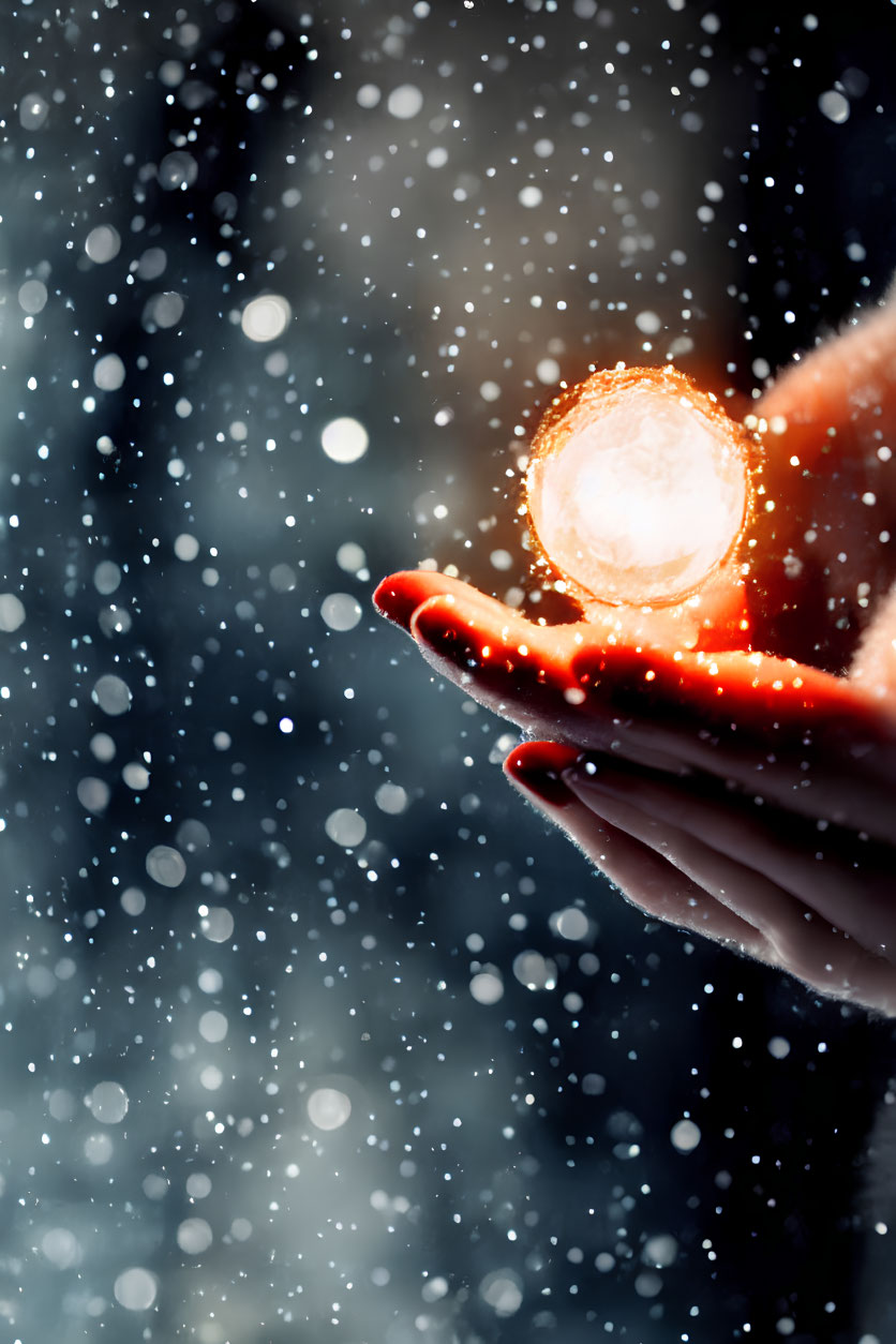 Glowing orb held in hand with snowy bokeh background