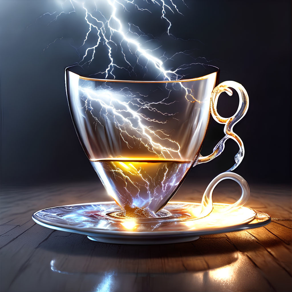 Translucent cup of tea with lightning reflection on dark background