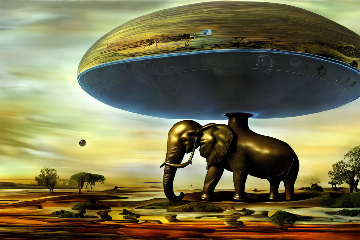 Elephant under massive UFO in surreal golden landscape