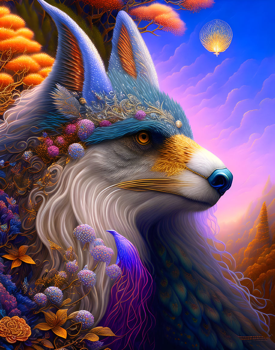 Colorful fox digital art with floral patterns and sunset backdrop