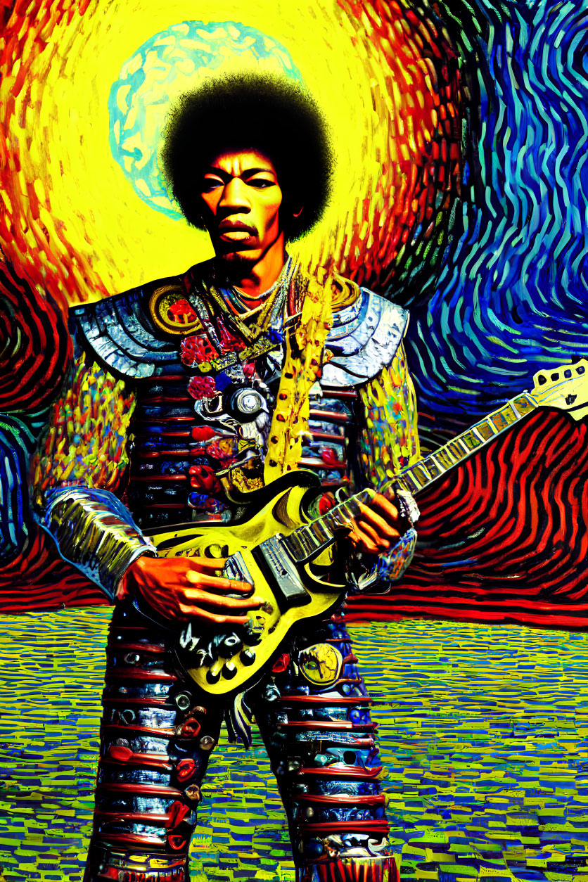 Colorful Psychedelic Guitar Player Artwork with Swirl Background