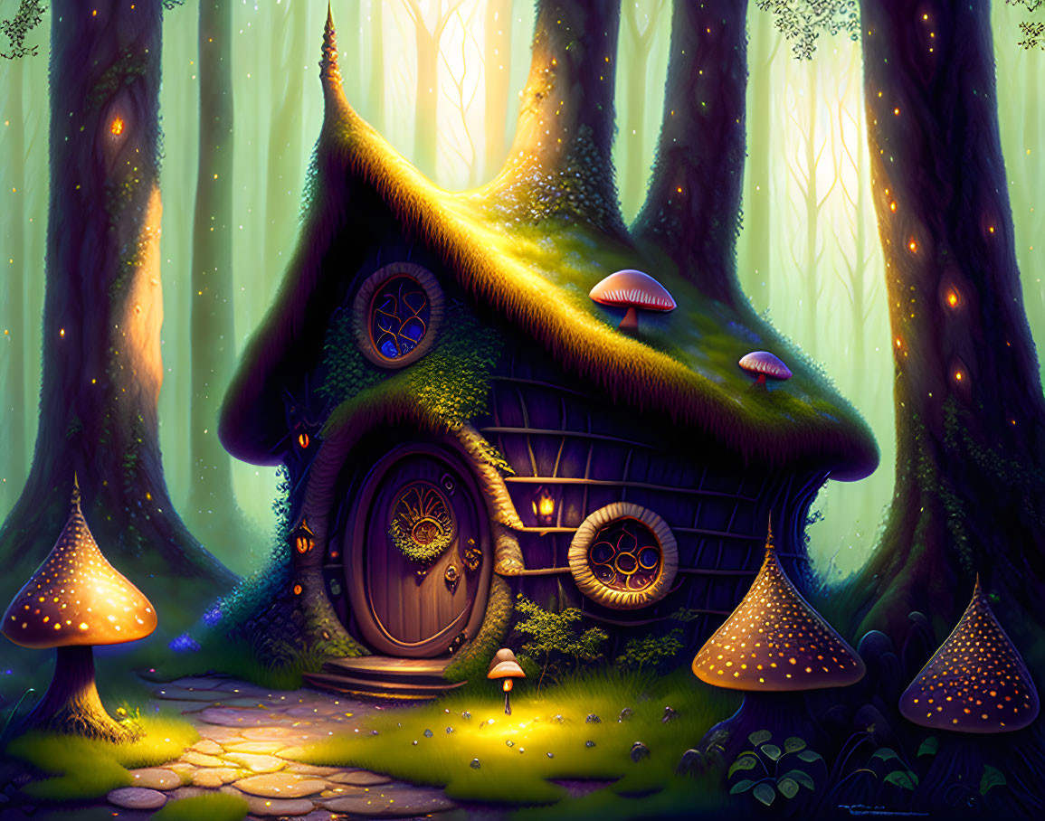 Enchanted forest scene with mushroom-shaped house and glowing flora