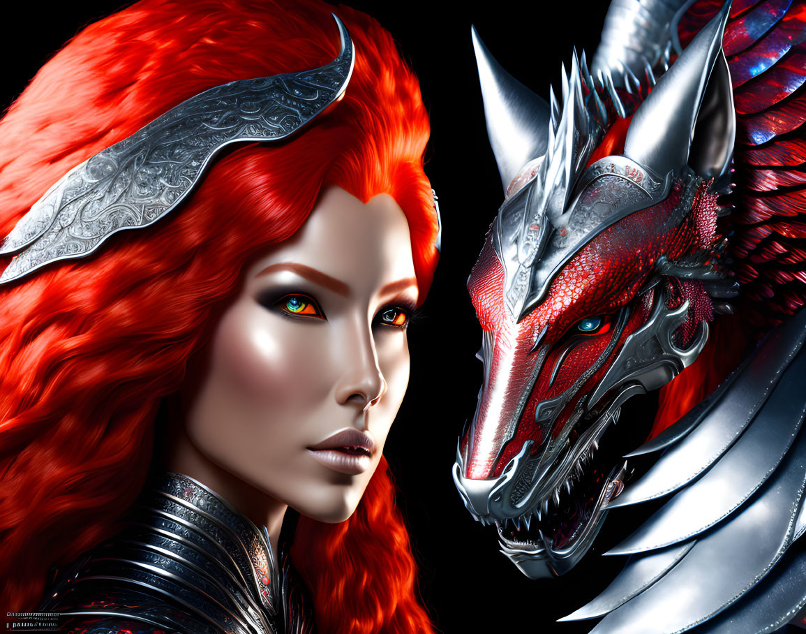 Fantasy illustration of woman with red hair and silver headdress beside metallic dragon