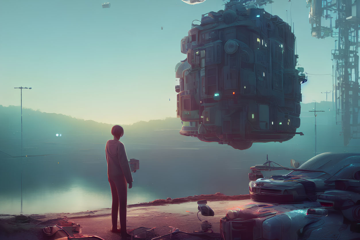 Person admires futuristic lakeside cityscape at dawn or dusk