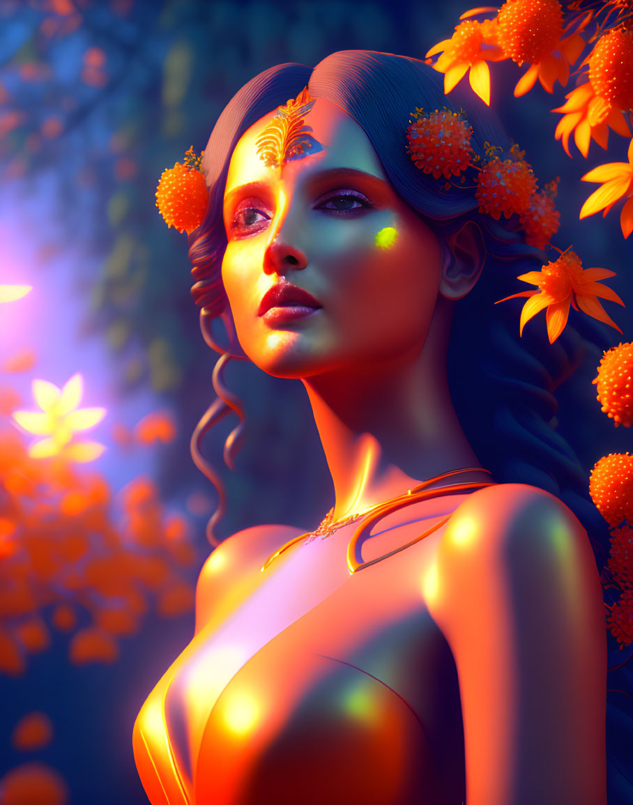 Digital artwork: Woman with facial markings in vibrant orange flower setting