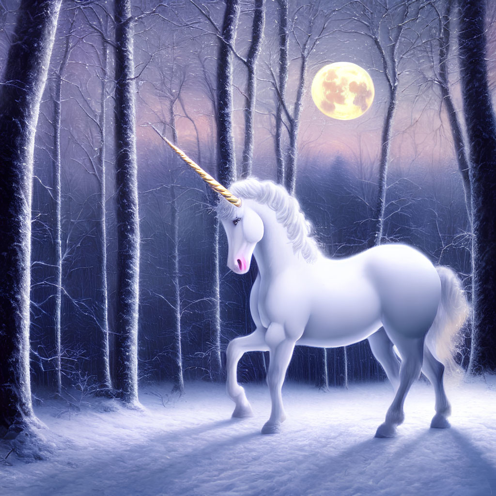 White unicorn with golden horn in snowy forest under full moon