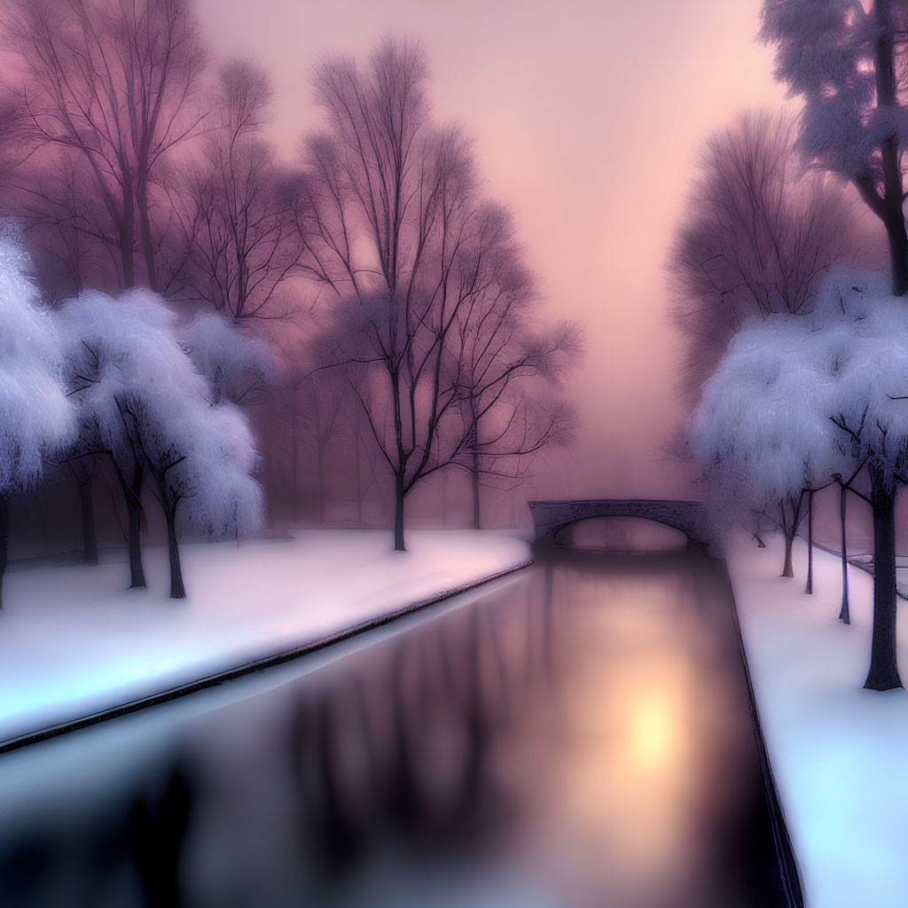 Snow-covered trees, calm river, bridge, pink and purple sky - Tranquil Winter Scene