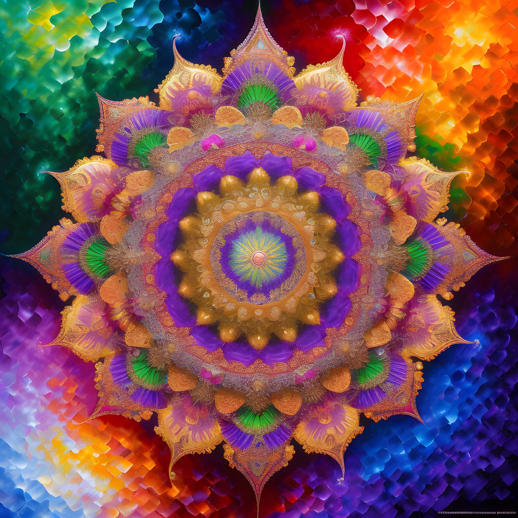 Multicolored digital mandala with intricate patterns and kaleidoscopic background