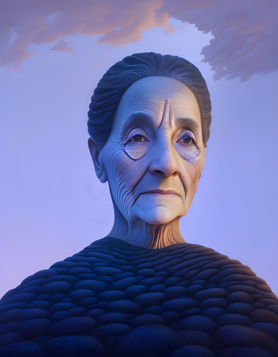 Detailed digital artwork of serene elderly woman against purple sky