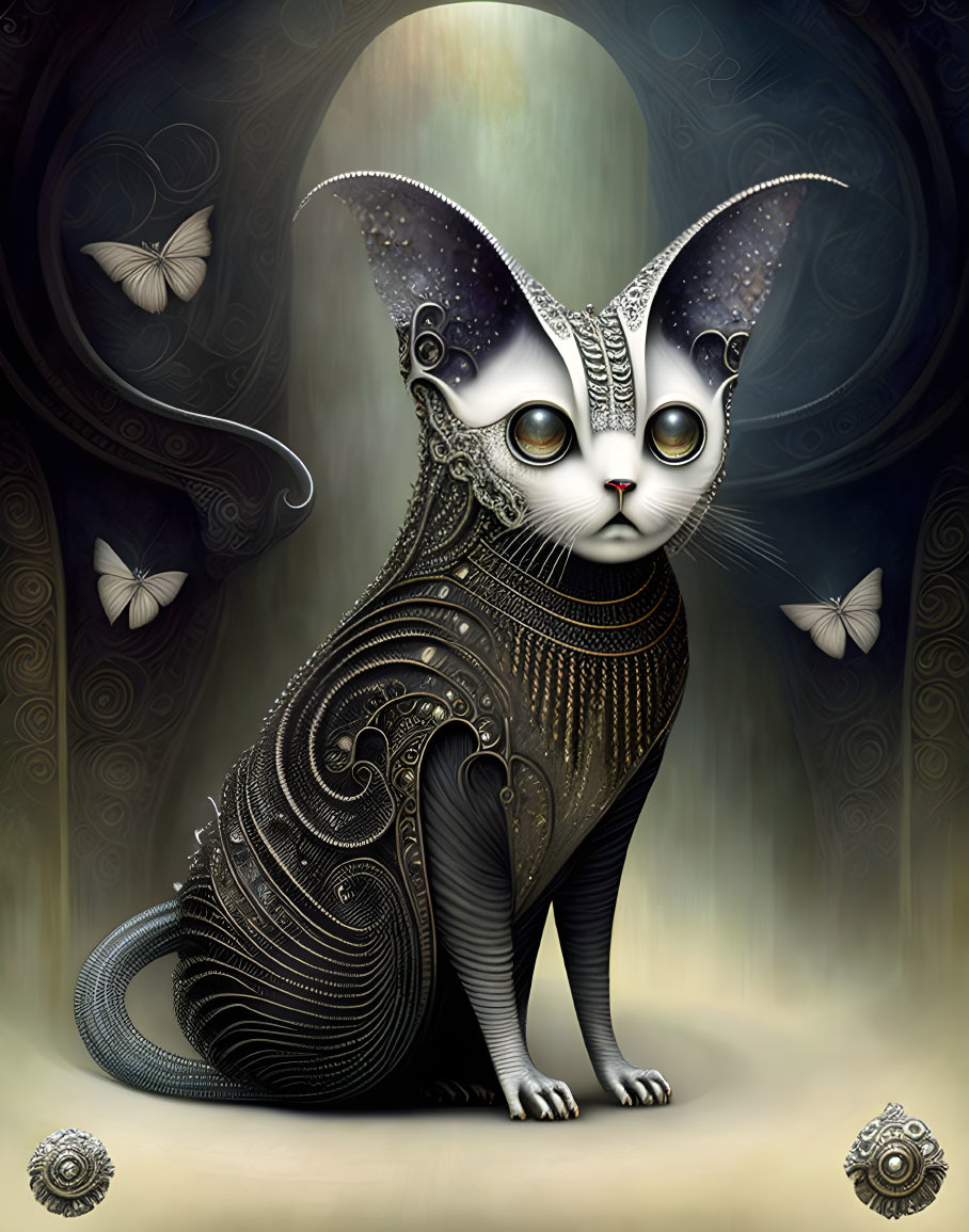 Ornate mystical cat with expressive eyes and butterflies
