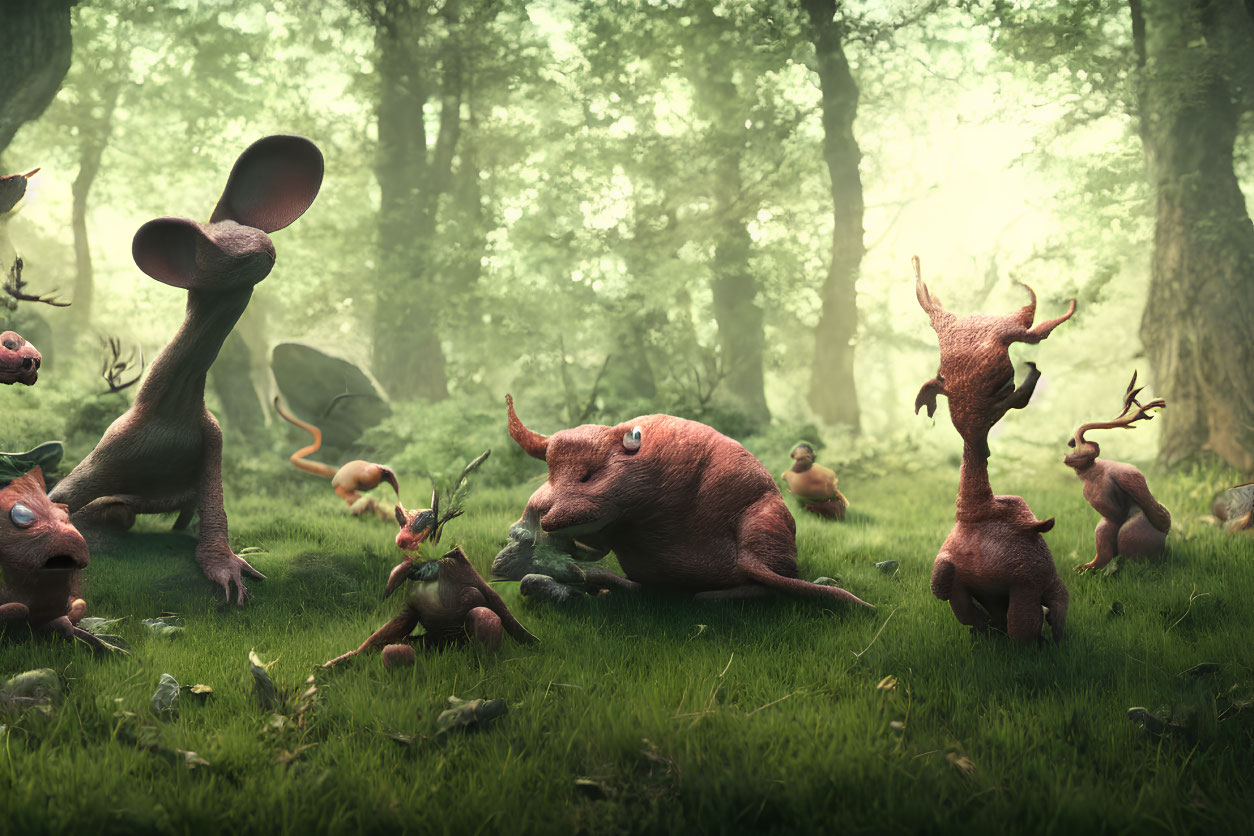 Surreal part-animal, part-tree creatures in misty forest with elephant-like figure