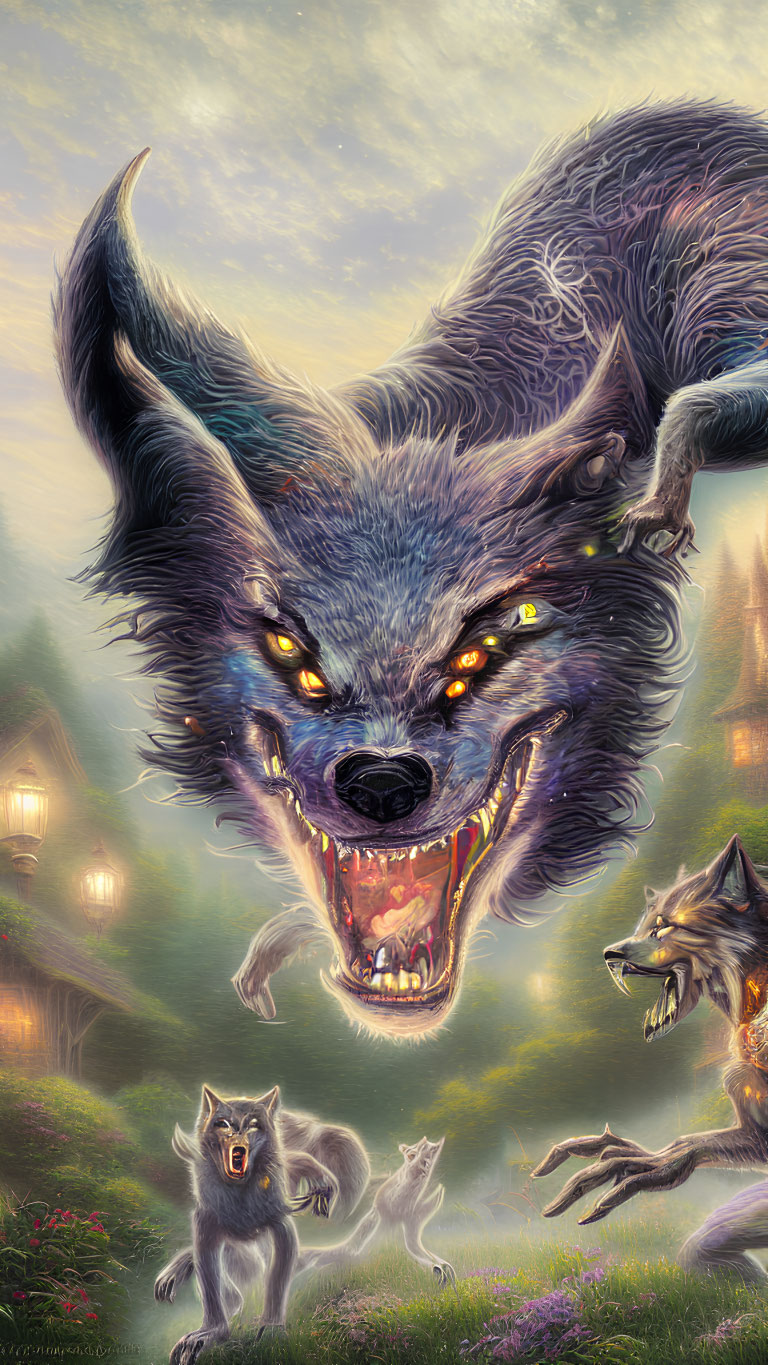 Menacing large wolf with glowing eyes in enchanted forest with smaller wolves