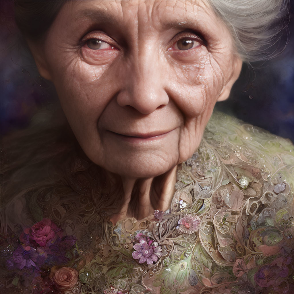 Elderly woman with gentle smile and floral adorned garment