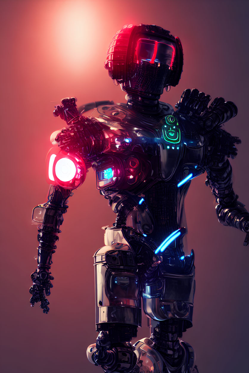 Glowing humanoid robot with blue and red lights against warm backdrop