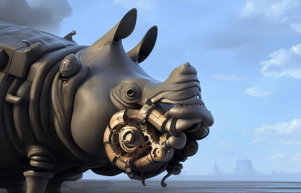 Intricate mechanized rhinoceros against cloudy sky