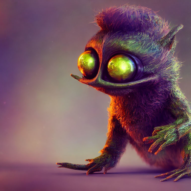 Furry alien creature with green eyes on gradient background