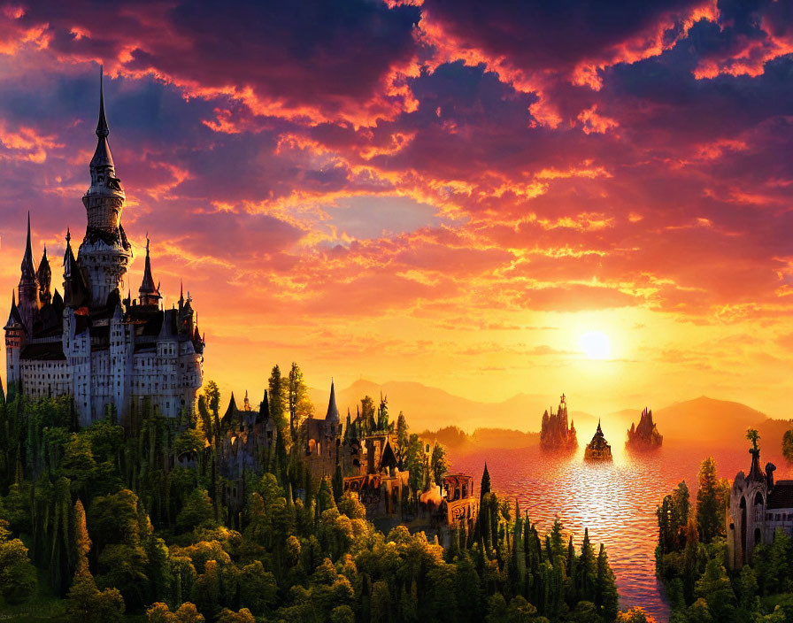 Fantasy castle at vibrant sunset with silhouetted spires, forest, and lake.