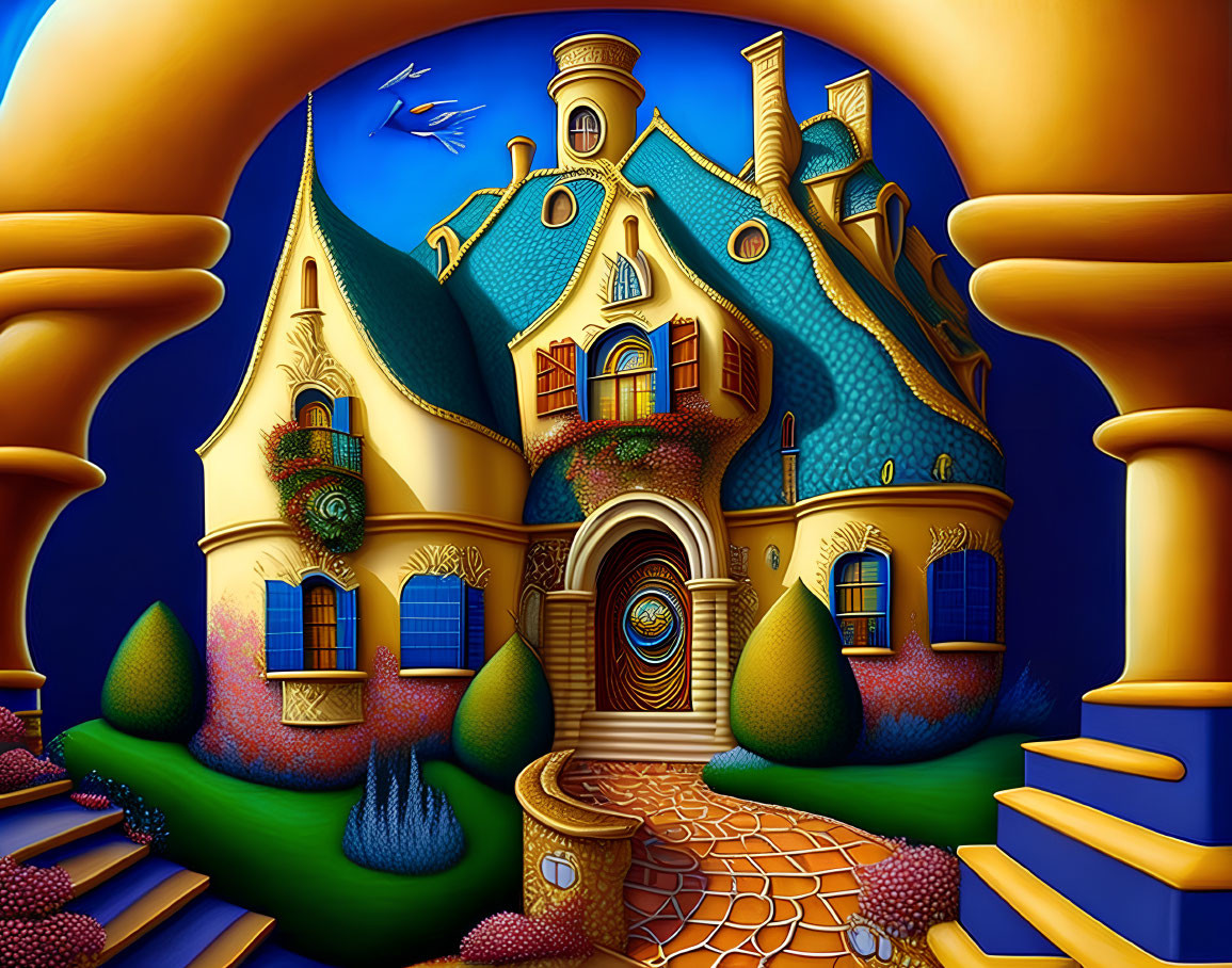 Colorful illustration of whimsical house with blue roof and spiral staircase against twilight sky and oversized yellow arch
