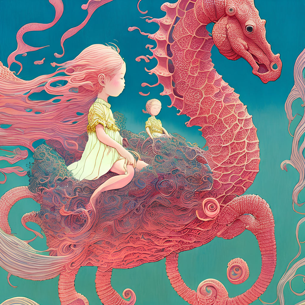 Surreal illustration of girl and small figure on red seahorse in teal setting