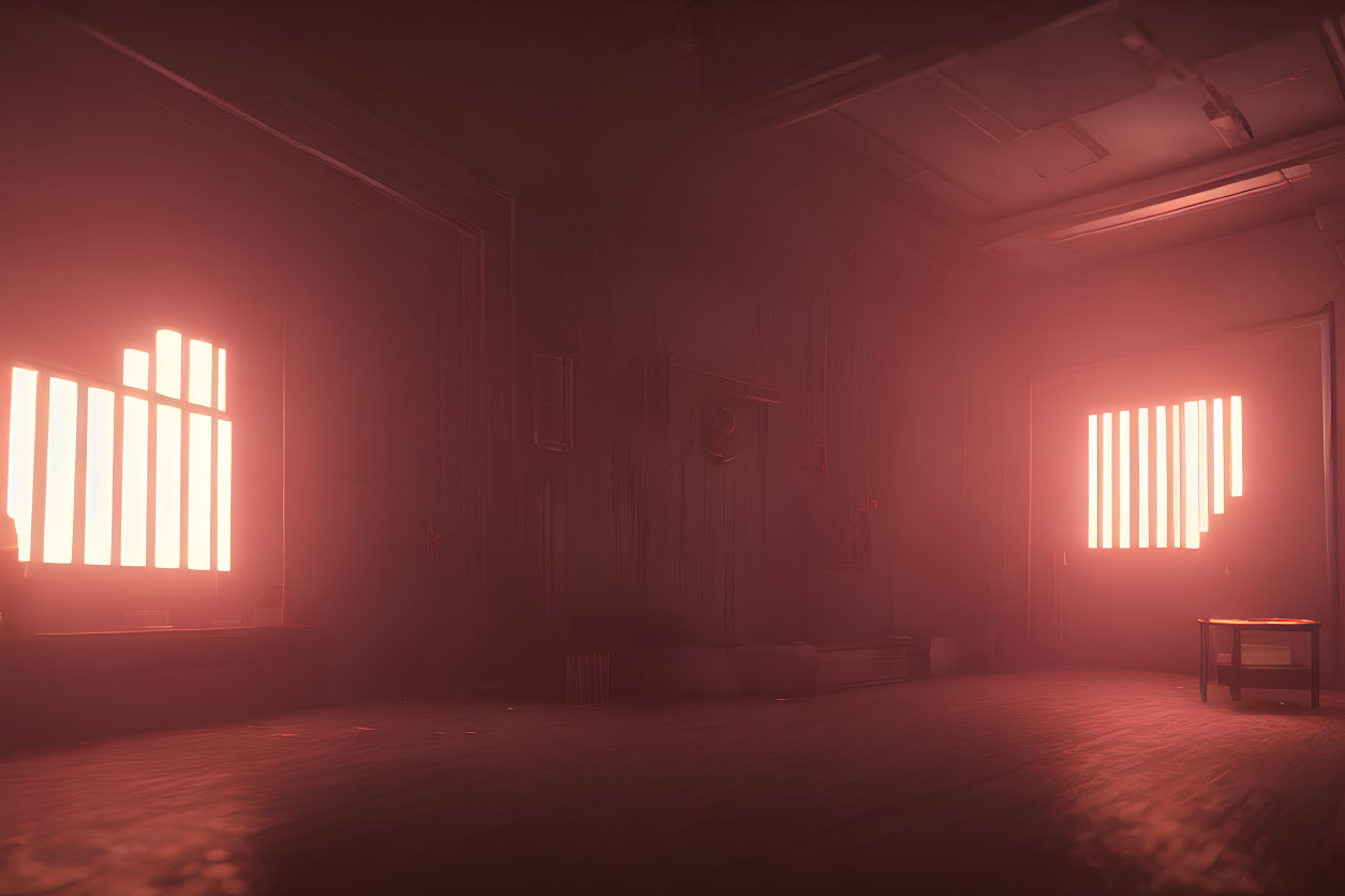 Desolate room with red ambient light and barred windows.