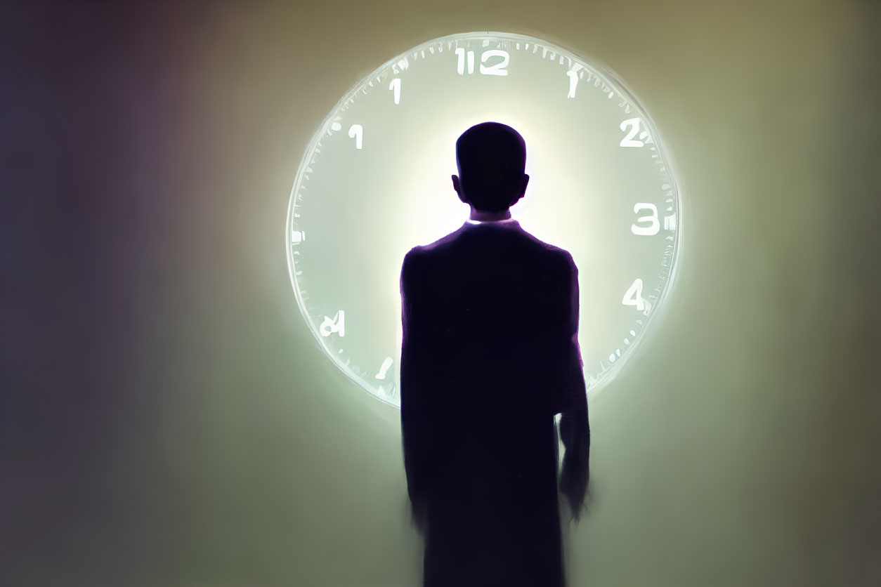 Silhouetted figure in front of glowing circular clock face
