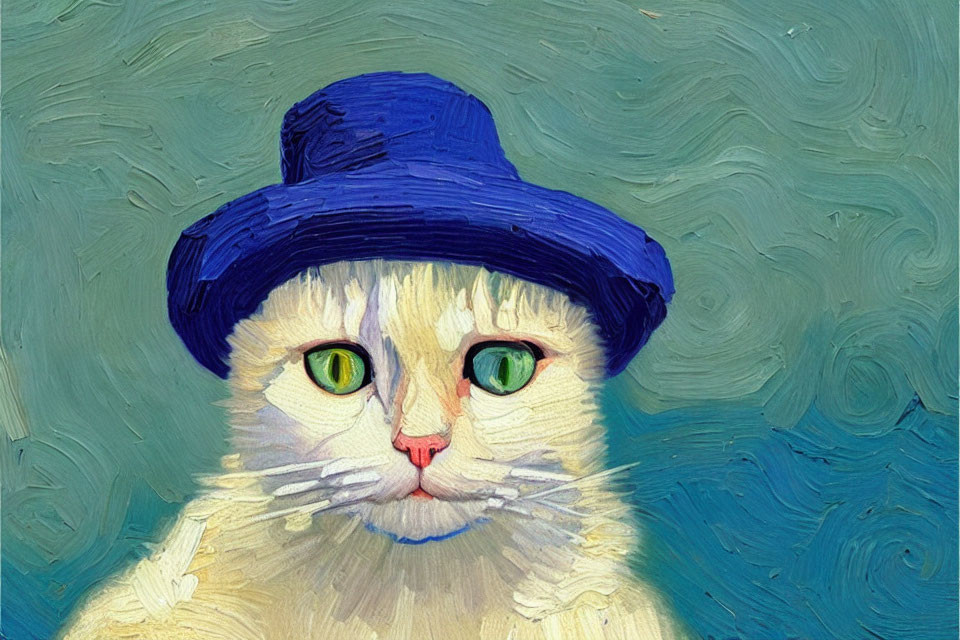 Digitally altered Vincent van Gogh style painting of a cat with green eyes and blue hat on swirling