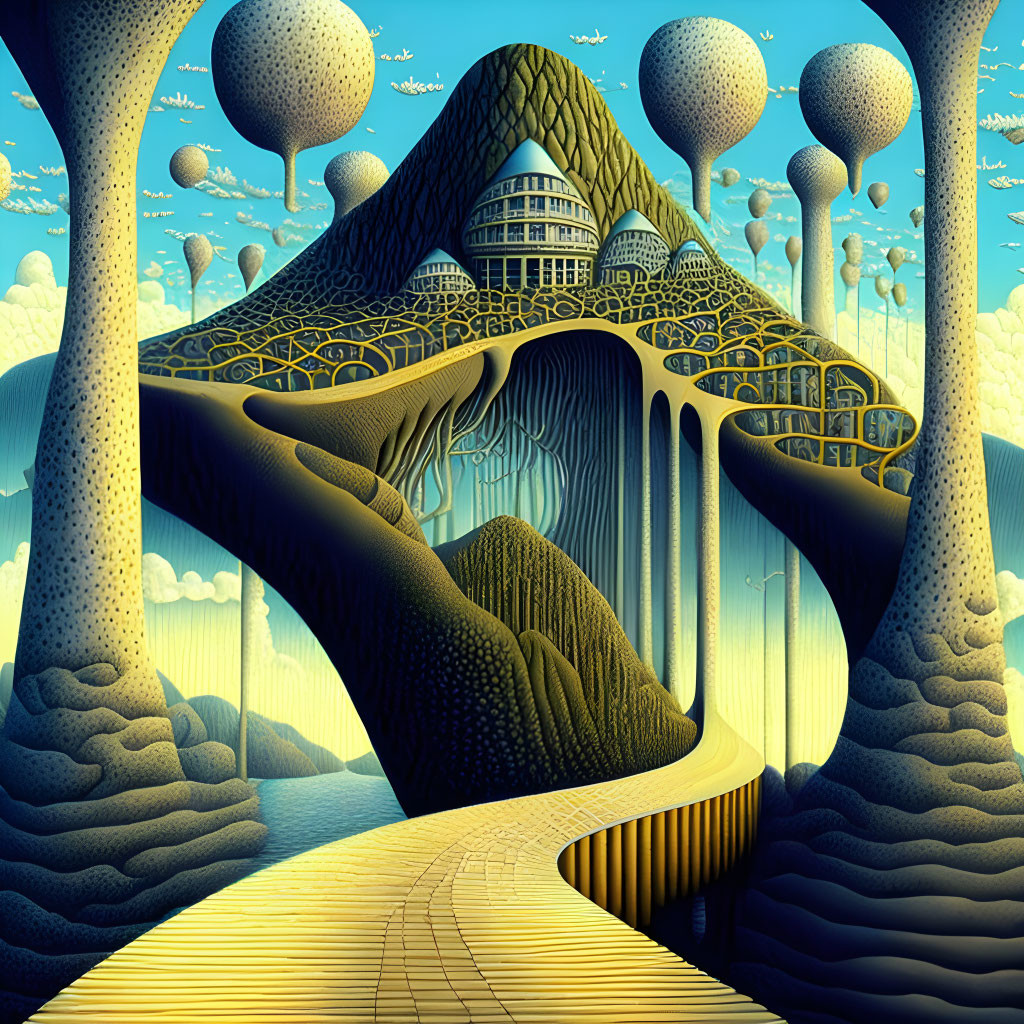 Surreal landscape with yellow brick road, futuristic tree-shaped structure, floating islands